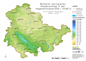 Thüringen-Karte des mittleren korrigierten Niederschlag in der Vegetationsperiode 1 (April, Mai, Juni) 1990-2019 in Thüringen