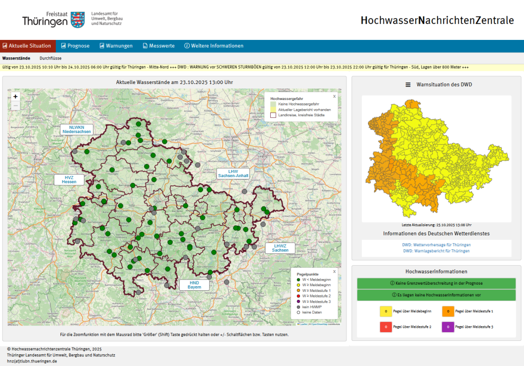 Startseite der Hochwassernachrichtenzentrale, dem Online-Informationsportal zur Hochwassersituation in Thüringen